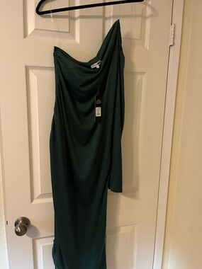 Fashion Nova One-Shoulder Dark Green Draped Gown